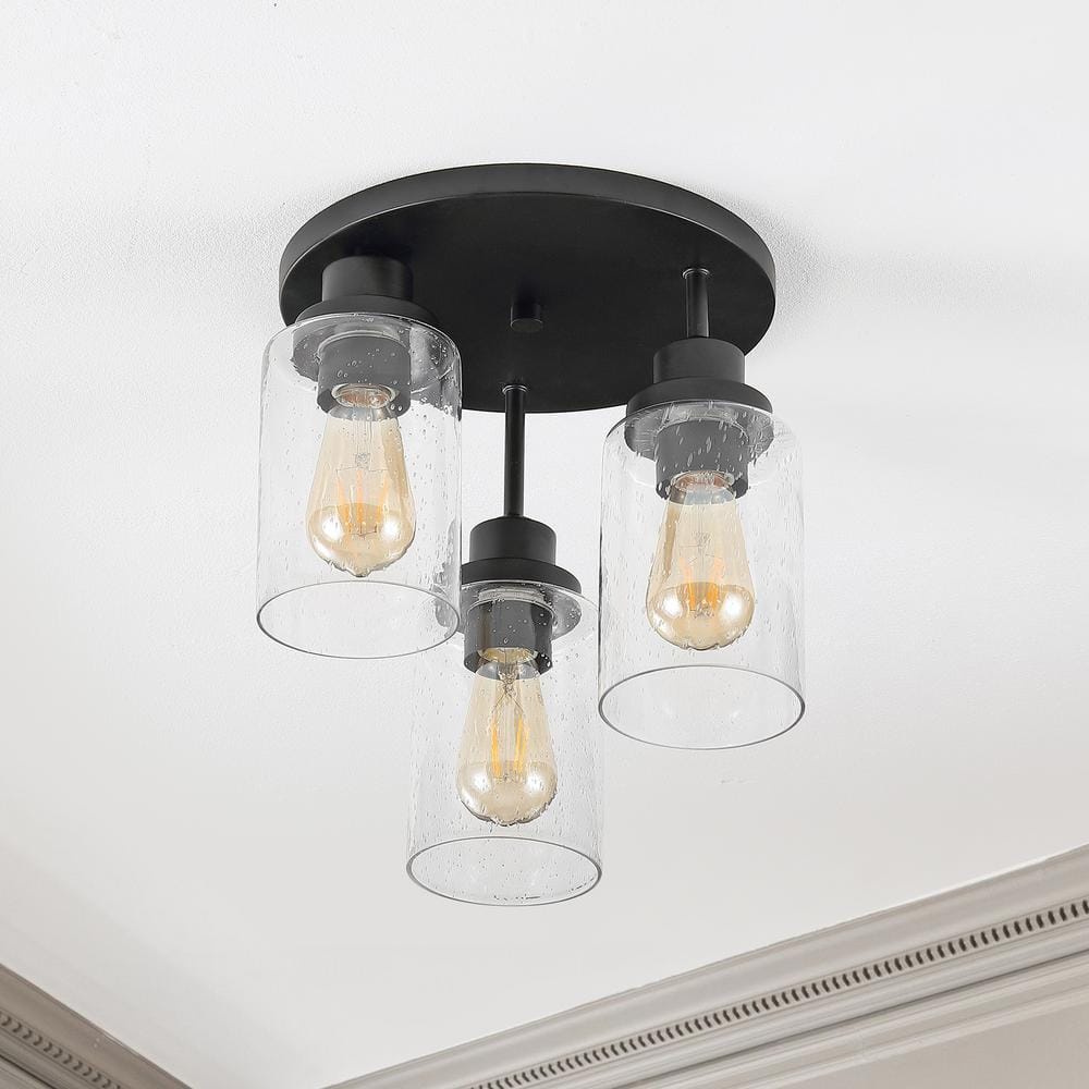 Black Iron and Seeded Glass 3-Light LED Semi Flush Mount
