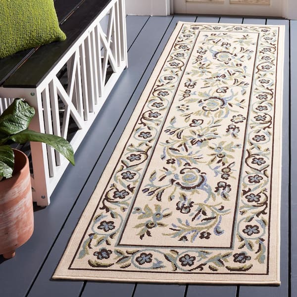 Veranda Cream/Green 2 ft. x 8 ft. Ornate Floral Border Indoor/Outdoor Runner Rug