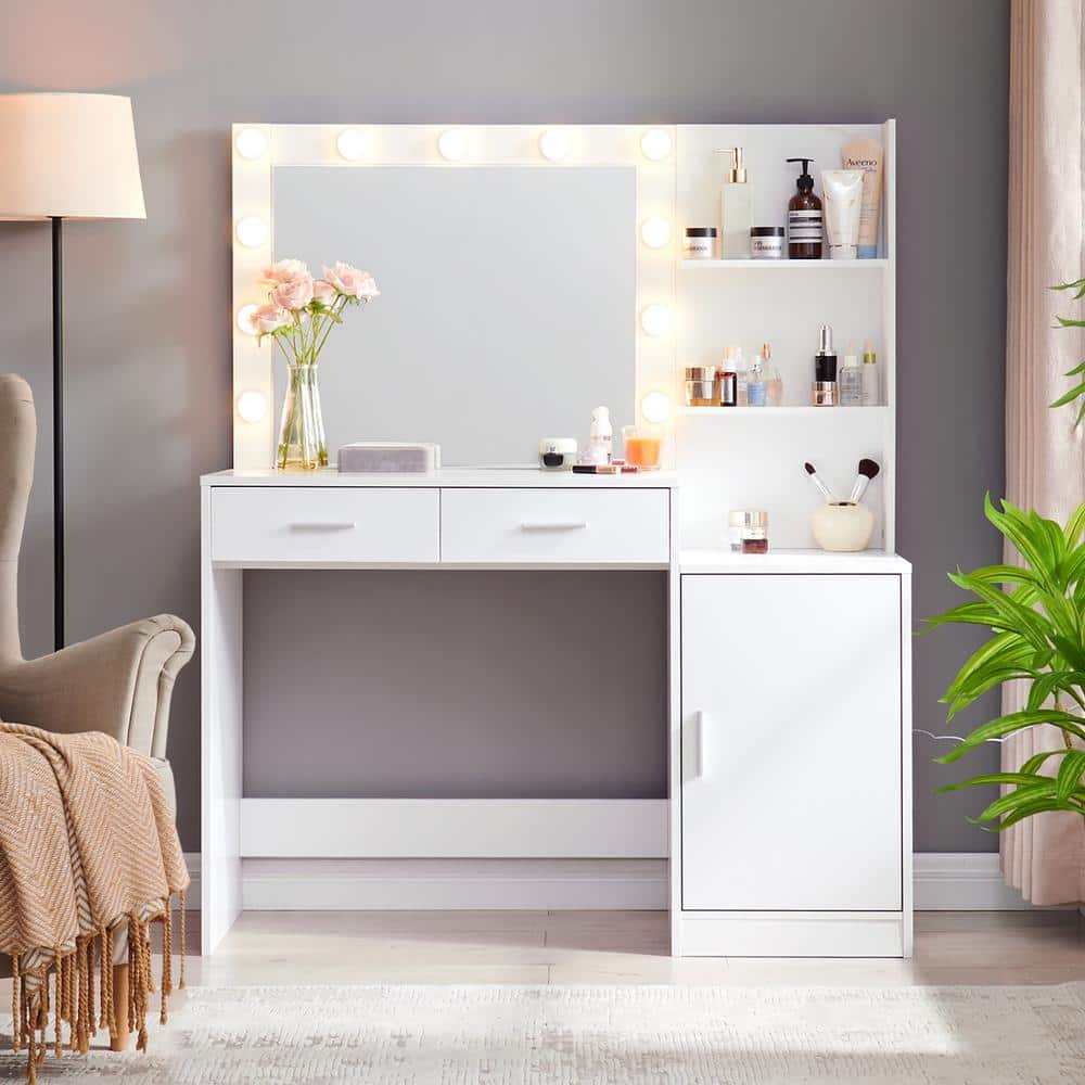 46.45 in. W White Makeup Vanity Desk 2-Drawers Wood Dresser Table with Mirr