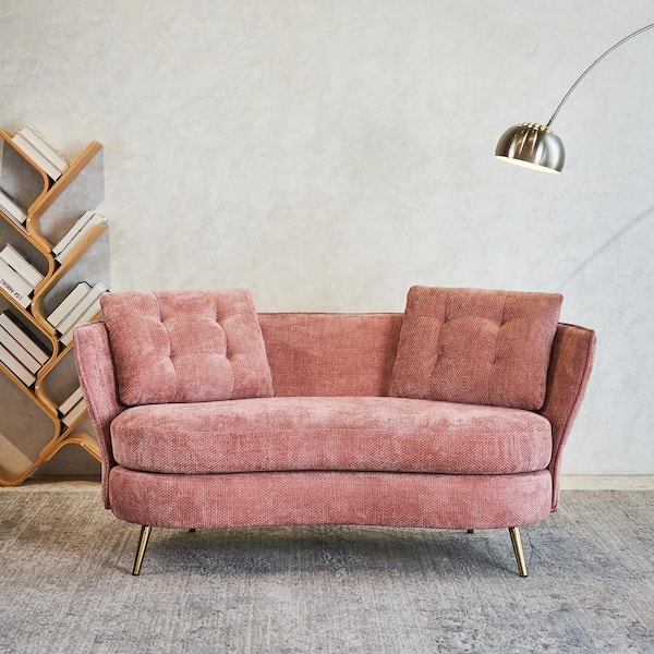 64.2 in. Pink Velvet 2-Seater Loveseat with Golden Legs and 2-Pillows