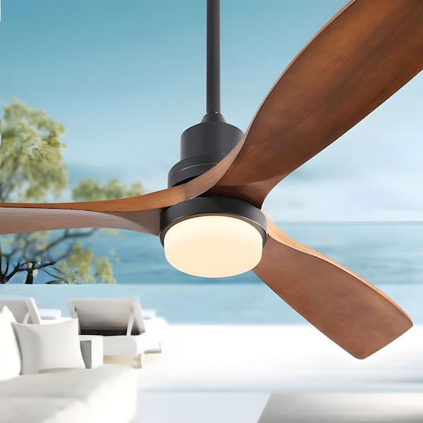 Sofucor 52 in. LED Indoor/Outdoor Matte Black Downrod Ceiling Fan with Wood Blades, 6-Speed DC Remote Control
