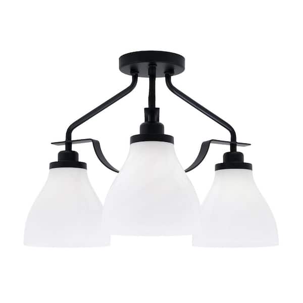 Unbranded Zara 16.75 in. 3-Light Matte Black Semi-Flush with 6.25 in. White Marble Glass Shades No Bulbs Included