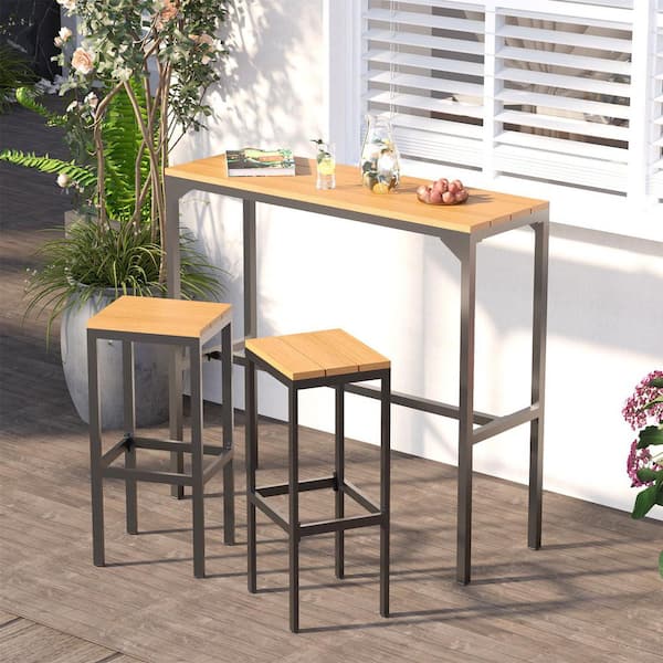 Brown 3-Piece Metal Bar Height Outdoor Dining Bar Set, 2-Barstools and Dining Table
