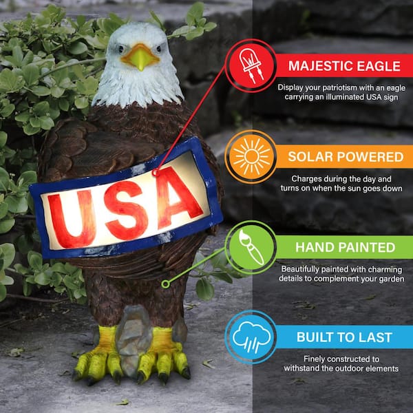 Solar Hand Painted Bald Eagle with Illuminating USA Sign Garden Statue