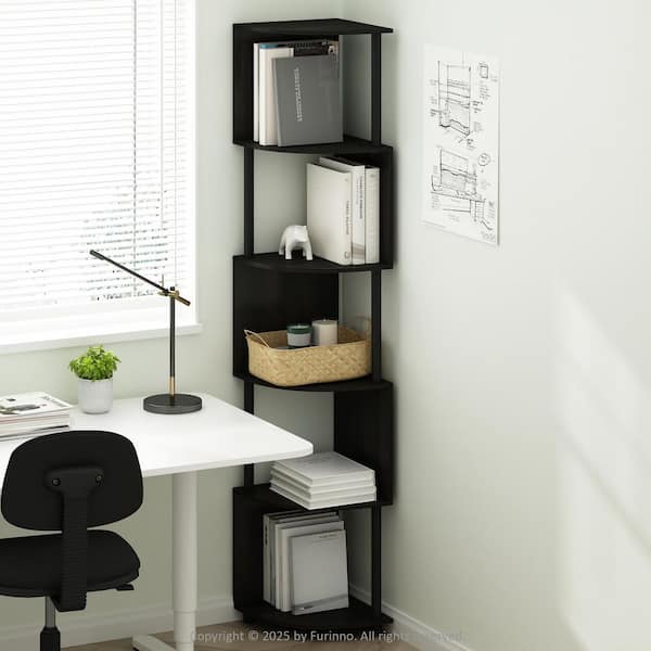 Basic 71.26 in. Tall Espresso/Black Wood 5-Shelf Corner Bookcase with Zigzag Design