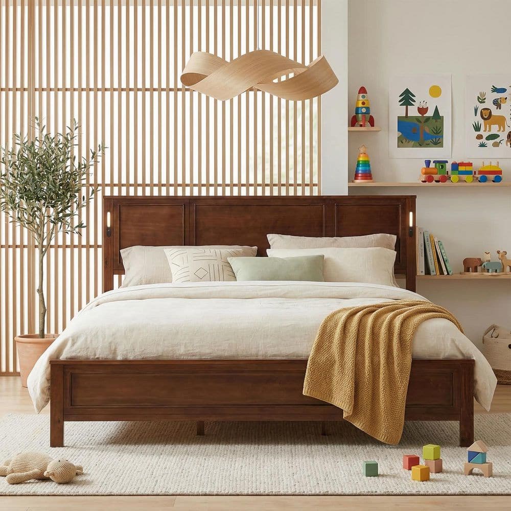 Bed Frame with LED Light and USB Charging Brown Solid Wood Frame King Platform Bed with Headboard No Box Spring Needed