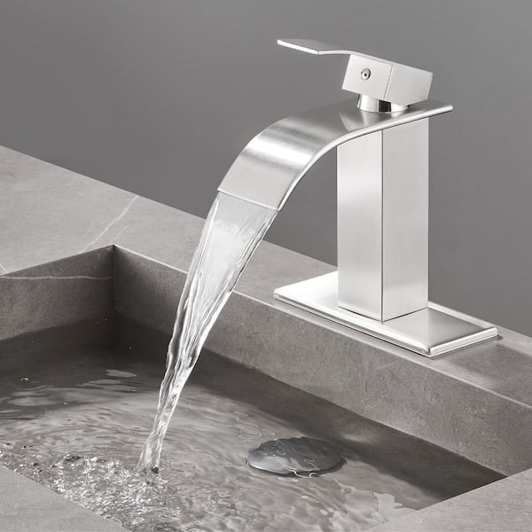 Waterfall Single Handle Single Hole Bathroom Faucet With Deckplate and Pop-Up Drain Assembly in Brushed Nickel