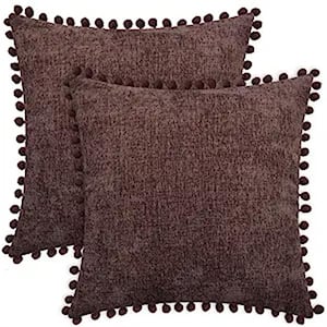 Outdoor Throw Pillow Cases Cozy Solid Dyed Soft Chenille Cushion Covers with Pom Poms Pack of 2