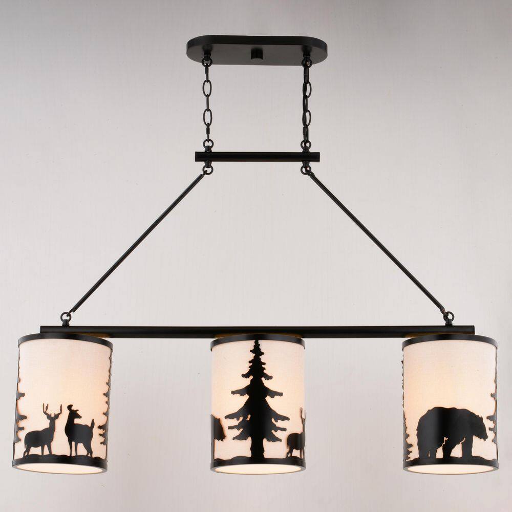 Acadia Bronze 3-Light Rustic Linear Chandelier with Linen Shades