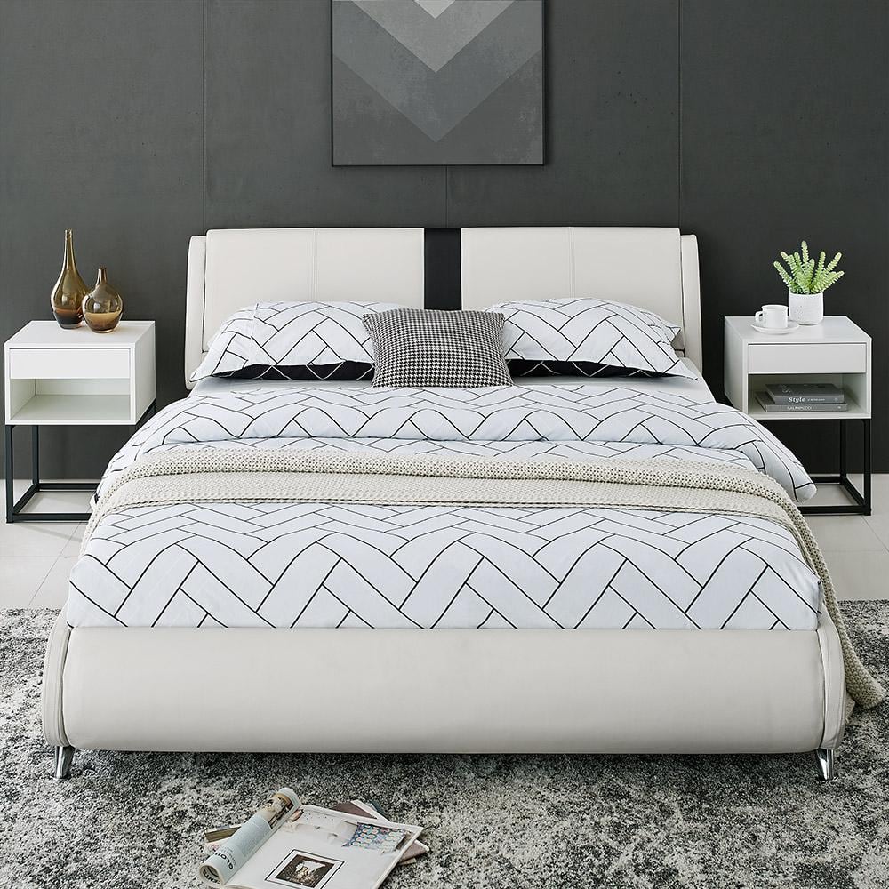 Queen White Pine Upholstered Tufted Headboard Bed Frame
