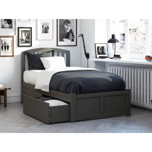 AFI Richmond Grey Twin Solid Wood Storage Platform Bed with Flat Panel Foot Board and 2 Bed Drawers