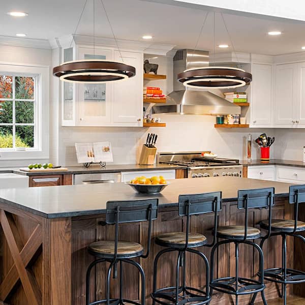 23.62 in. 2-light Black and Wood Ring Tiered Dimmable Integrated LED Chandelier for Kitchen Island