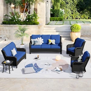 Mercury Brown 5-Piece Wicker Patio Conversation Seating Set with Navy Blue Cushions