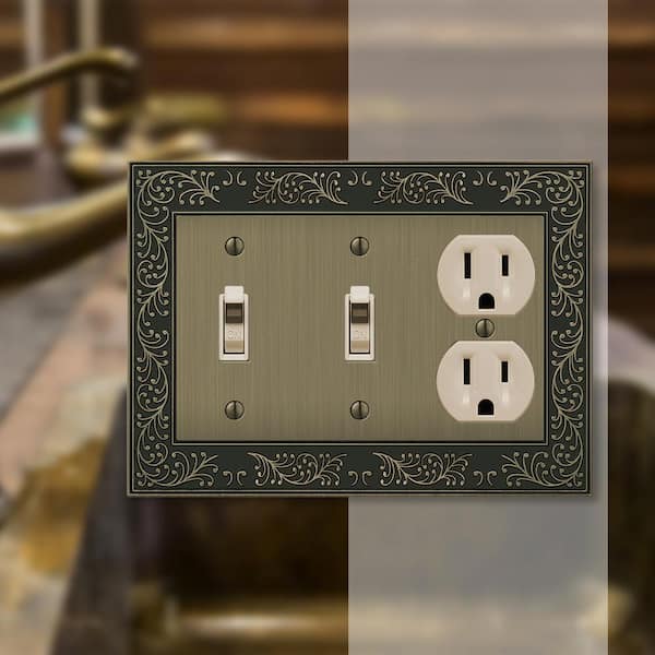 Bleinhem 3 Gang 2-Toggle and 1-Duplex Metal Wall Plate - Brushed Brass