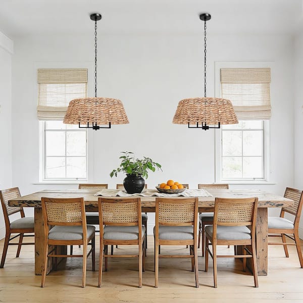 Boho 5-Light Black Drum Chandelier Farmhouse Candle Island Chandelier with Rattan Shade for Coastal Rustic Dining Room