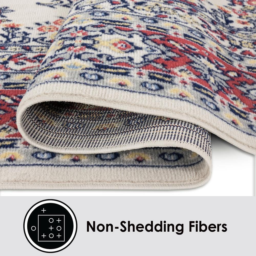 Ivory and Red Synthetic Traditional Medallion Area Rug