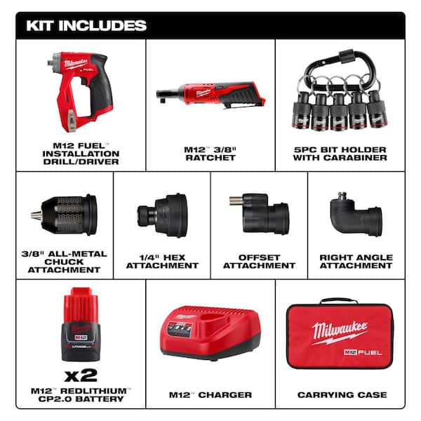 M12 FUEL 12V 4-in-1 Installation 3/8 in. Drill Driver Kit with M12 3/8 in. Ratchet with 5-Pc Carabiner Hex Holder