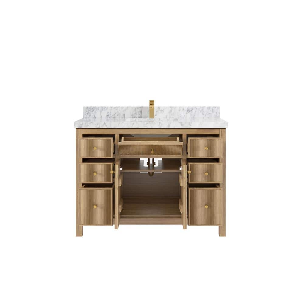 48'' Light Natural Teak Single Bathroom Vanity with Carrara Marble Top