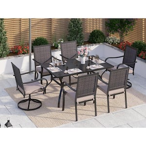 Black 7-Piece Metal Patio Outdoor Dining Set with Slat Rectangle Table and Rattan Arm Chairs with Beige Cushion