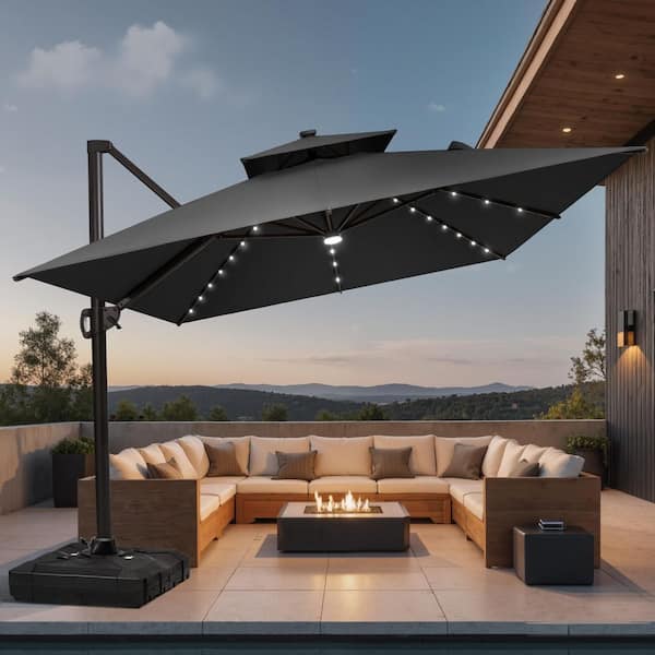 2-Tier Top 11.5 ft. x 9 ft. 360° Swivel Solar LED Lighted Cantilever Patio Umbrella in Black with 350 lbs. Base