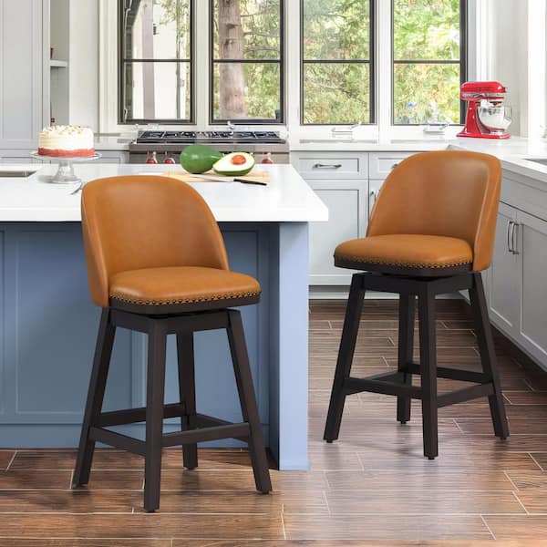 OrangeOne 26 in. Whiskey Brown Wood Frame Fabric Swivel Cushioned Bar Stool, Swivel Counter Stool (Set of 2)