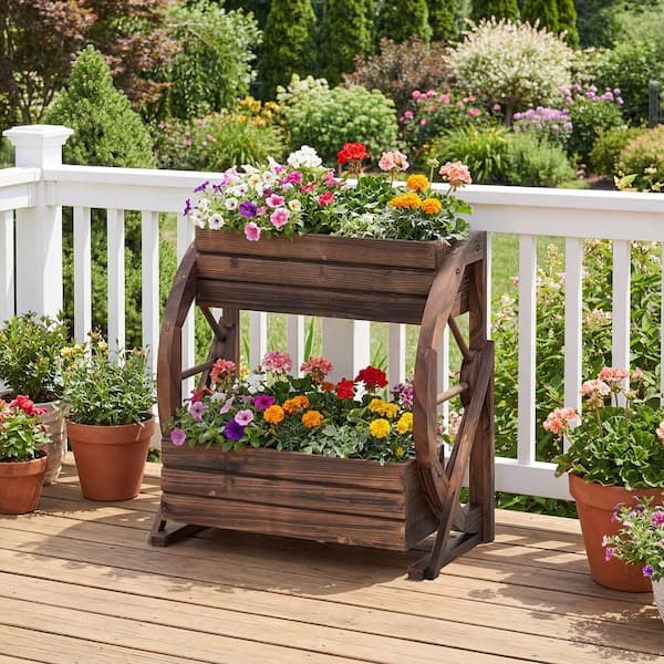 SKONYON 2-Tier Rustic Wood Wagon Planter with Drainage Holes and