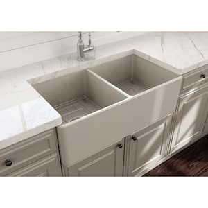 Classico Farmhouse Apron Front Fireclay 33 in. Double Bowl Kitchen Sink with Bottom Grid and Strainer in Biscuit