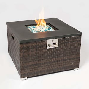 32 in. Brown Square Wicker Metal Fire Pit Table