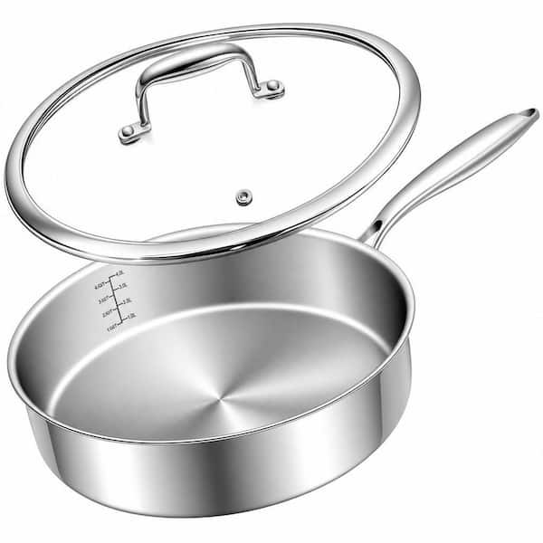 12 in. Tri-Ply Stainless Steel Frying Pan, Deep Frying Pan with Lids, Compatible with All Cooktops Up to 600℉