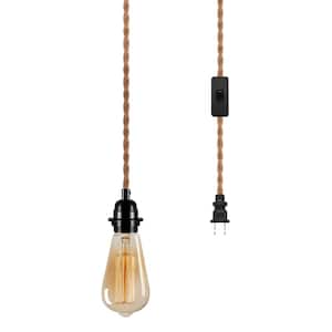 1-Light Vintage Plug-In Hanging Pendant with Hemp Rope and Black Socket