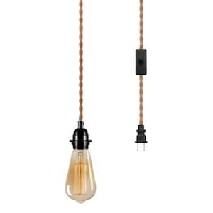 1-Light Vintage Plug-In Hanging Pendant with Hemp Rope and Black Socket (Pack of 1)