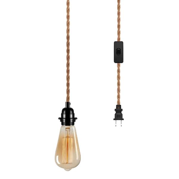 YANSUN 1-Light Vintage Gold Finish Plug-In Hanging Pendant with Hemp Rope and Black Socket (1-Pack)