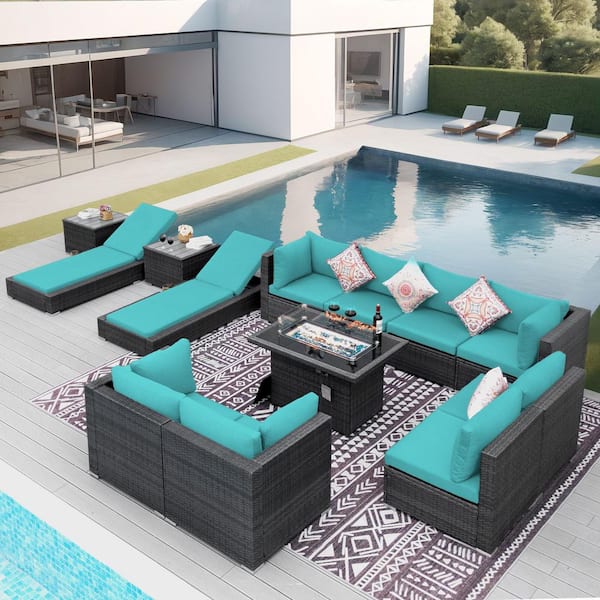 FINCATI 13-Piece Wicker Outdoor Sectional Patio Fire Pit Set Deep Seating Conversation Set with Chaise Lounge, Table, Teal