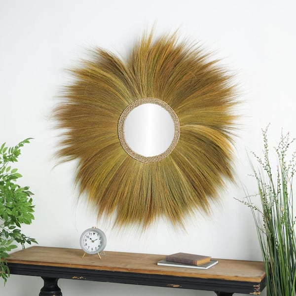 Litton Lane 45 in. x 45 in. Tribal Inspired Starburst Round Framed Brown Wall Mirror