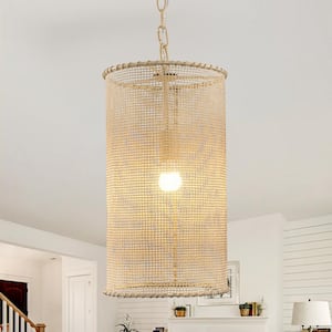 9.84 in. 1-Light Beige Cylindrical Mini Hanging Pendant Light with Woven Rope Shade