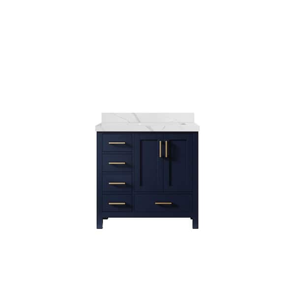 Willow Collections Malibu 36 in. W x 22 in. D x 36 in. H Right Offset Sink Bath Vanity in Navy Blue with 2 in. Calacatta Quartz Top