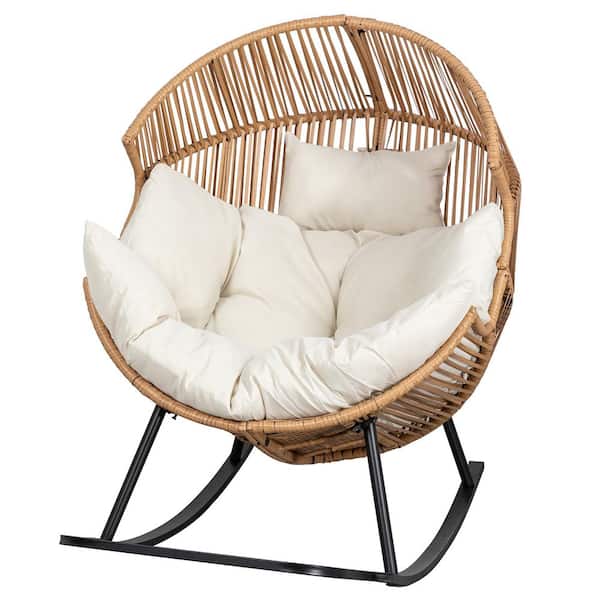 Wicker Egg Outdoor Rocking Chair with White Cushion