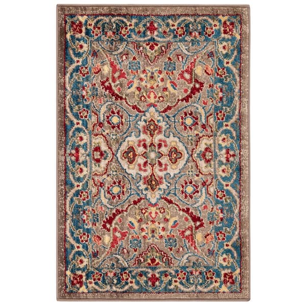 Kashan 2 ft. x 3 ft. Taupe/Blue Border Ornate Area Rug
