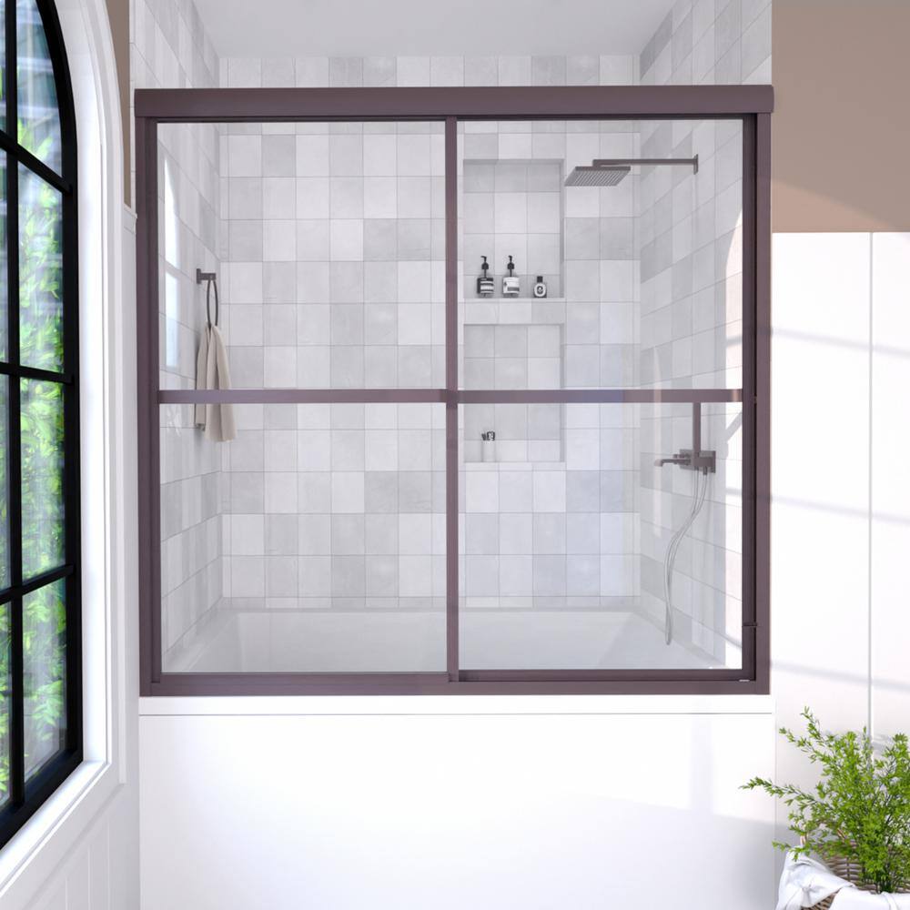 Hermitage Bath 59 in. W x 56 in. H Sliding Tub Door in Oil Rubbed Bronze with Clear Glass Elunir ...