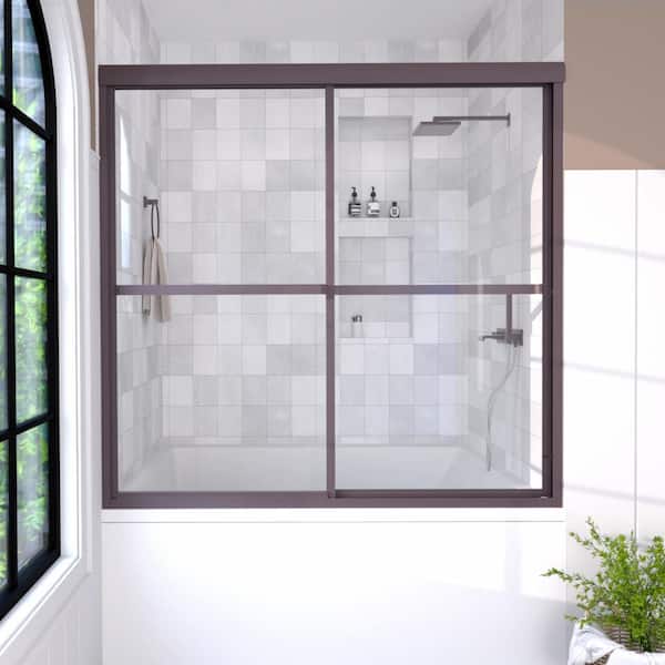Hermitage Bath 59 in. W x 56 in. H Sliding Tub Door in Oil Rubbed Bronze with Clear Glass Elunir Framed Finish