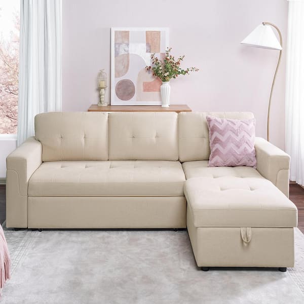 HOMESTOCK 85 in. Square Arm Velvet L-Shaped Sofa with Reversible Chaise and Pull-Out Sleeper Bed in. Beige Velvet