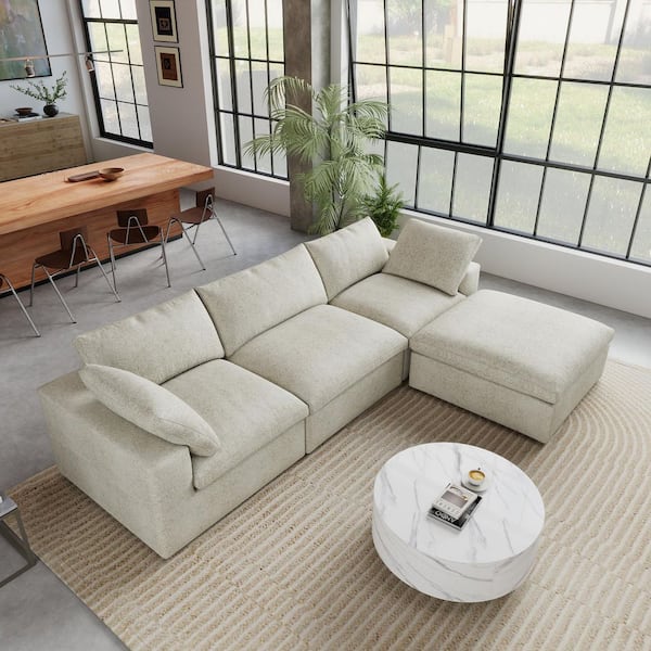 118.02 in. Square Arm 4-Piece Linen Down Modular Free Combination Sectional Sofa with Storage Ottoman in. Brown