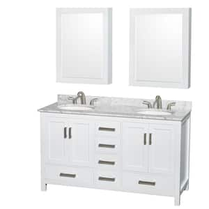 Sheffield 60 in. W x 22 in. D x 35 in. H Double Bath Vanity in White with White Carrara Marble Top and MC Mirrors