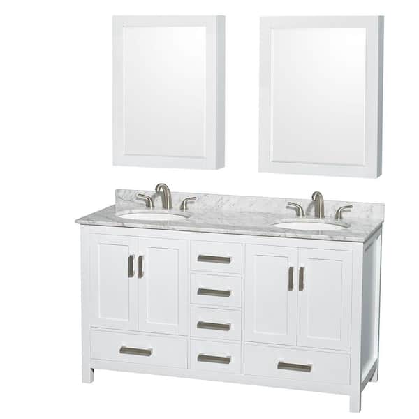 Wyndham Collection Sheffield 60 in. W x 22 in. D x 35 in. H Double Bath Vanity in White with White Carrara Marble Top and MC Mirrors