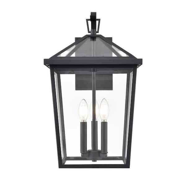 Mensun 20.75 in. 3-Light Textured Black Outdoor Hardwired Lantern Wall Sconce with Clear Glass
