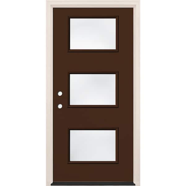 Builders Choice 36 in. x 80 in. Right-Hand/Inswing 3-Lite Clear Glass Chestnut Painted Fiberglass Prehung Front Door w/4-9/16 in. Frame