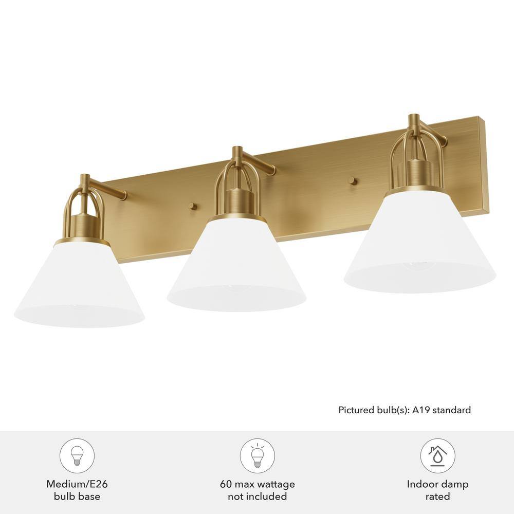 Luxe Gold 27.25" Dimmable 3-Light Vanity with White Glass Shades