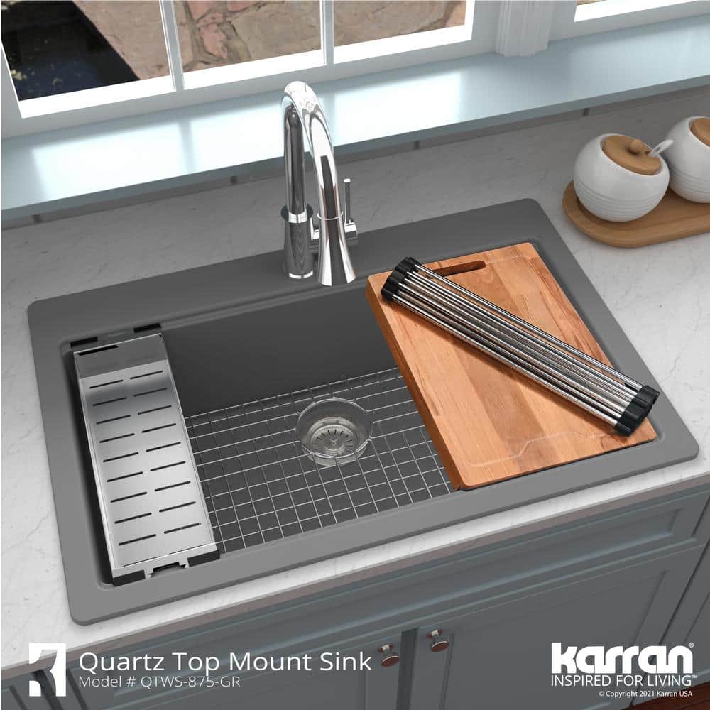 Gray Quartz 33'' Single Bowl Drop-in Workstation Sink