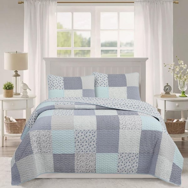 Subtle Checker Cottage Floral Stripe 3-Piece Blue Patchwork Cotton King Bedding Quilt Set