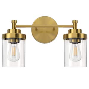 15.3 in. 2-Light Antique Brass Modern Vanity Light with Clear Ribbed Glass Shades E26 Sockets